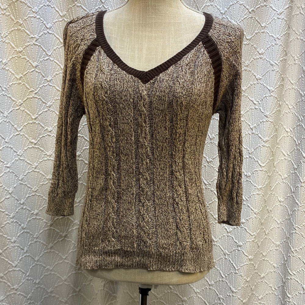 Copper Key size medium variegated Brown Cable Knit V-Neck Sweater 3/4 sleeves